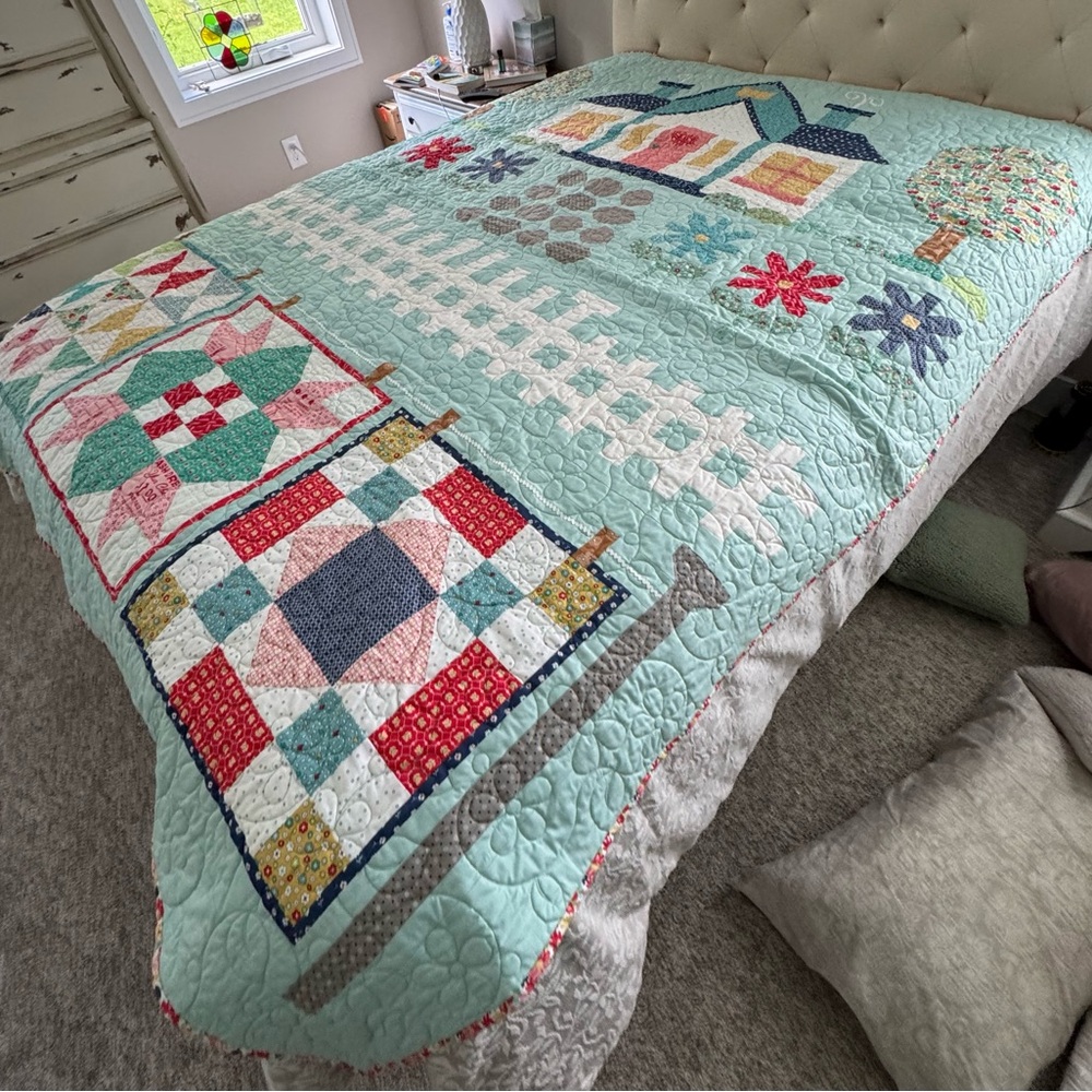 Homemade Aqua Blue Quilted Folk Art Quilt with Geometric Patterns - Picture 6 of 10